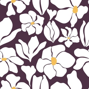Magnolia Flowers - Matisse Inspired - Dark Eggplant Purple + White - Perfect For Metallic !