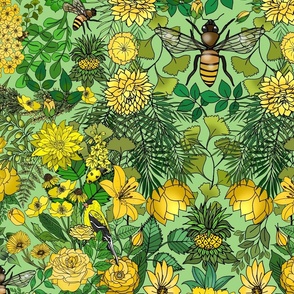 Birds, Bees, Moths, Flowers and Trees (Soft Green large scale)