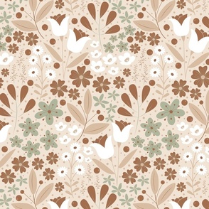 Medium / Ethereal Blooms - Creamy Beige - Earth Tones - Sage Green - Florals - Flowers - Botanicals - Nature - Roses - Tulips - Floral Wallpaper