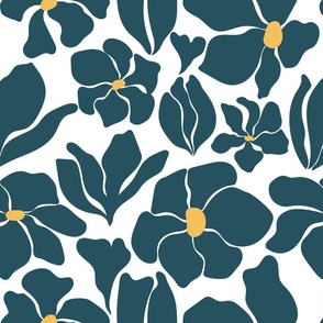 Magnolia Flowers - Matisse Inspired - Dark Teal Blue Green + White - Perfect For Metallic !