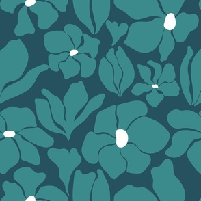 Magnolia Flowers - Matisse Inspired - Navy Blue / Teal Blue Green + White - Perfect For Metallic !