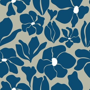Magnolia Flowers - Matisse Inspired - Navy Blue + Sage Green + White - Perfect For Metallic !