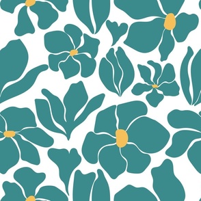 Magnolia Flowers - Matisse Inspired - Teal Blue Green + White - Perfect For Metallic !