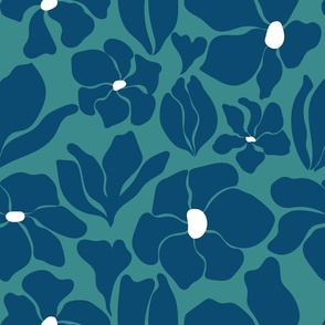 Magnolia Flowers - Matisse Inspired - Navy Blue + Green + White - Perfect For Metallic !