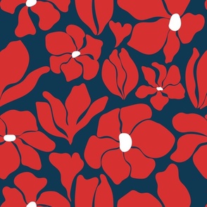 Magnolia Flowers - Matisse Inspired - Navy Blue + Red + White - Perfect For Metallic !