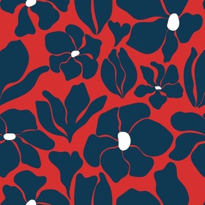 Magnolia Flowers - Matisse Inspired - Navy Blue + Red + White - Perfect For Metallic !