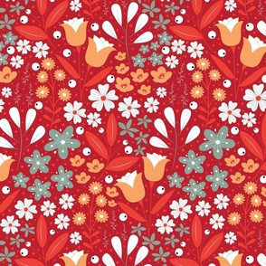 Medium / Ethereal Blooms - Crimson - Florals - Flowers - Buttercups - Primrose - Red - Crimson - Botanicals - Nature - Roses - Tulips - Floral Wallpaper