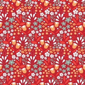Small / Ethereal Blooms - Crimson - Florals - Flowers - Buttercups - Primrose - Red - Crimson - Botanicals - Nature - Roses - Tulips - Floral Wallpaper