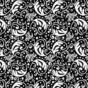Whimsical Swirl Ornament Pattern Black And White Smaller Scale