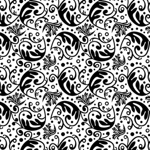 Whimsical Swirl Ornament Pattern White And Black Smaller Scale