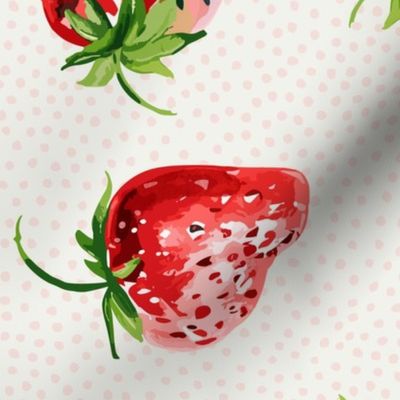 Sweet Strawberries on offwhite with small pink polka dots - medium scale