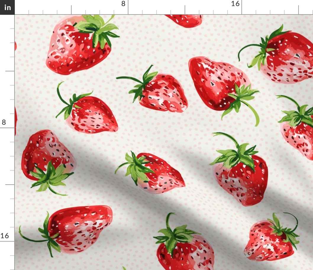 Sweet Strawberries on offwhite with small pink polka dots - medium scale