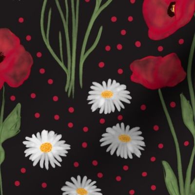 (L) Poppies, cornflowers and marguerites red polka dots