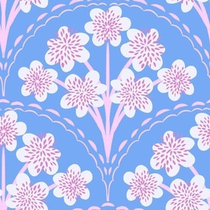Scalloped floral posies in pastel pink and cornflower blue, larger scale