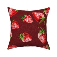 Sweet Strawberries on dark red / burgundy with small polka dots - medium scale