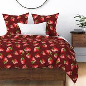 Sweet Strawberries on dark red / burgundy with small polka dots - medium scale