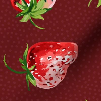 Sweet Strawberries on dark red / burgundy with small polka dots - medium scale