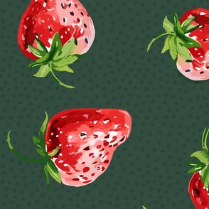 Sweet Strawberries on dark green with small polka dots - large scale
