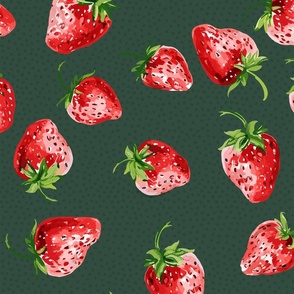 Sweet Strawberries on dark green with small polka dots - medium scale
