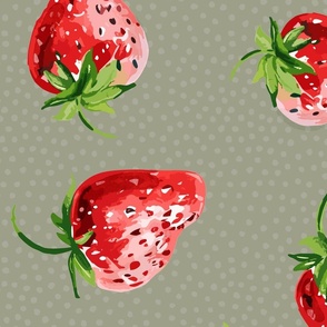 Sweet Strawberries on sage green with small polka dots - large scale