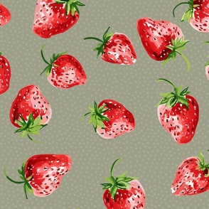 Sweet Strawberries on sage green with small polka dots - medium scale