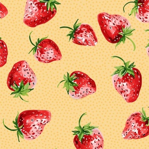 Sweet Strawberries on sunny yellow with small polka dots - medium scale