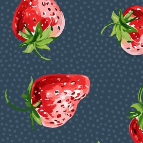 Sweet Strawberries on teal / dark blue with small polka dots - large scale