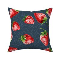 Sweet Strawberries on teal / dark blue with small polka dots - medium scale
