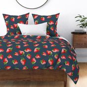 Sweet Strawberries on teal / dark blue with small polka dots - medium scale