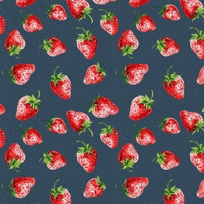 Sweet Strawberries on teal / dark blue with small polka dots - small scale