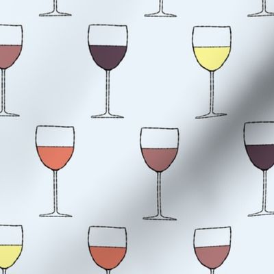 (M) Multi-Colored Wine Glasses on Light Baby Blue