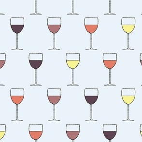 (M) Multi-Colored Wine Glasses on Light Baby Blue