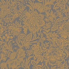 Folk Floral Jacobean - extra large - gold and grey 