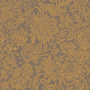 Folk Floral Jacobean - extra large - gold and warm grey 
