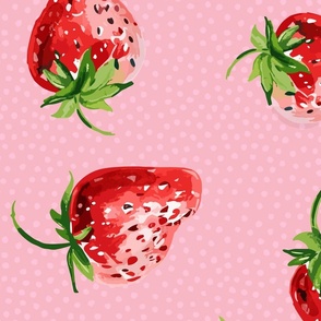 Sweet Strawberries on pink with small polka dots - large scale