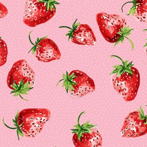 Sweet Strawberries on pink with small polka dots - medium scale