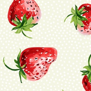 Sweet Strawberries on off white neutral with small white polka dots - large scale