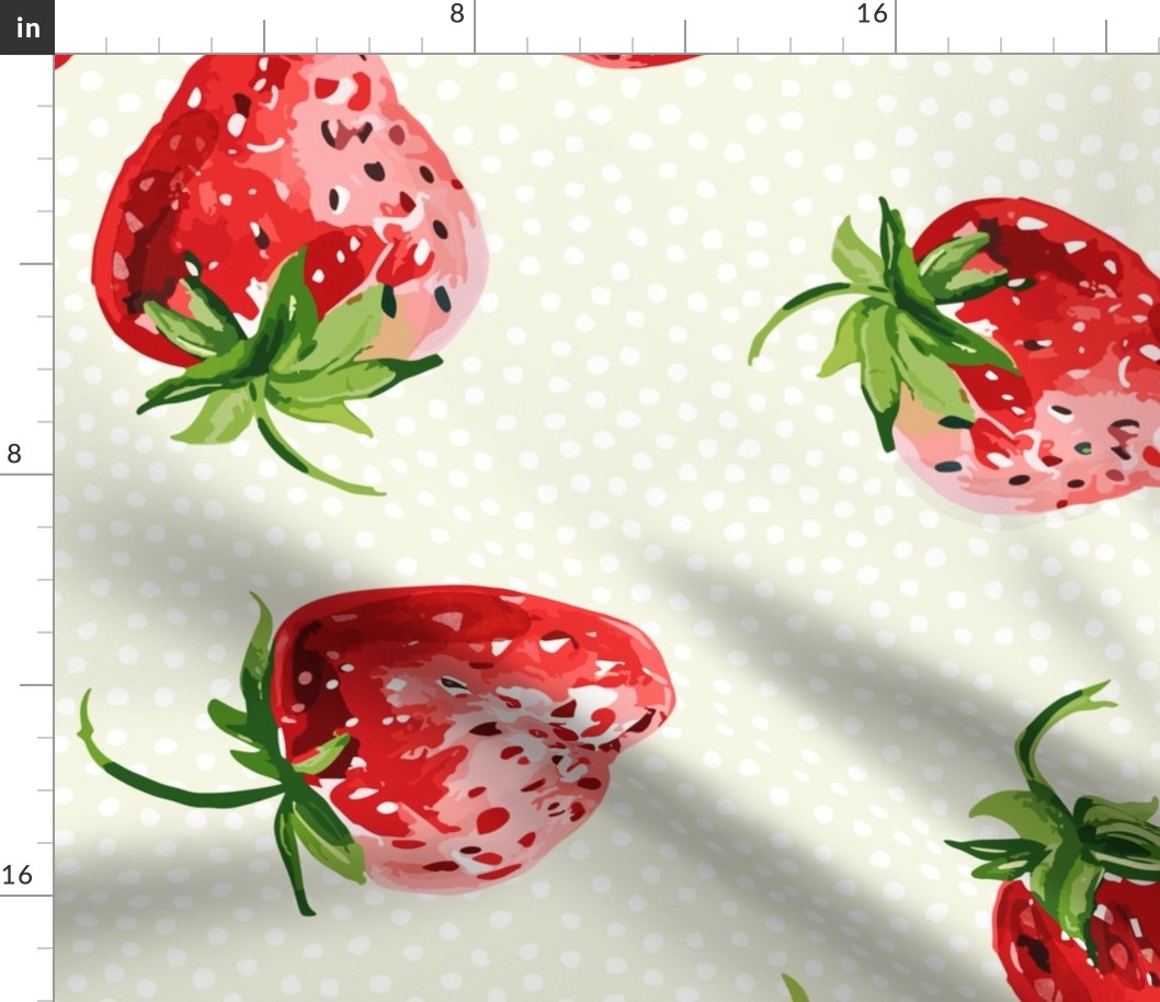 Sweet Strawberries on off white neutral with small white polka dots - large scale
