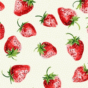 Sweet Strawberries on off white neutral with small white polka dots - medium scale
