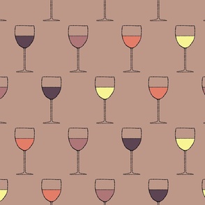 (L) Multi-Colored Wine Glasses on Puce Pink Brown