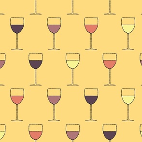 (L) Multi-Colored Wine Glasses on Golden Mustard Yellow