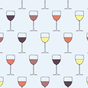 (L) Multi-Colored Wine Glasses on Light Baby Blue