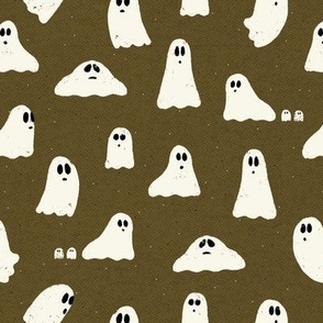Spooky ghosts on Halloween night on a forest green textured background - friendly ghost parade