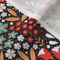 XS / Ethereal Blooms - Dark Background - Florals - Flowers - Buttercups - Primrose - Red - Crimson - Teal - Botanicals - Nature - Roses - Tulips - Floral Wallpaper