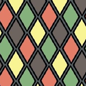 (S) Colorful Geometric Harlequin Diamonds in Green Yellow and Red