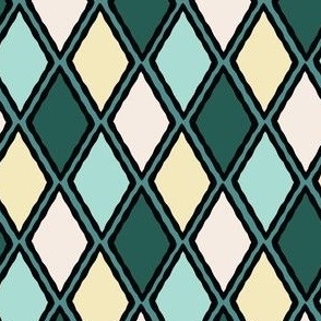 (S) Colorful Geometric Harlequin Diamonds in Teal Blue and Cream