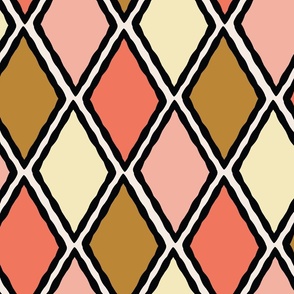 (L) Colorful Geometric Harlequin Diamonds in Pink Yellow and Brown