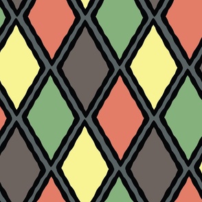 (L) Colorful Geometric Harlequin Diamonds in Green Yellow and Red