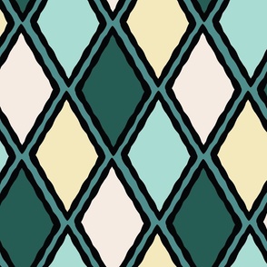 (L) Colorful Geometric Harlequin Diamonds in Teal Blue and Cream