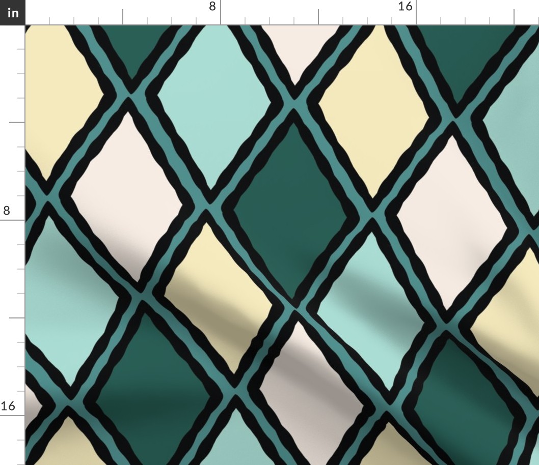 (L) Colorful Geometric Harlequin Diamonds in Teal Blue and Cream
